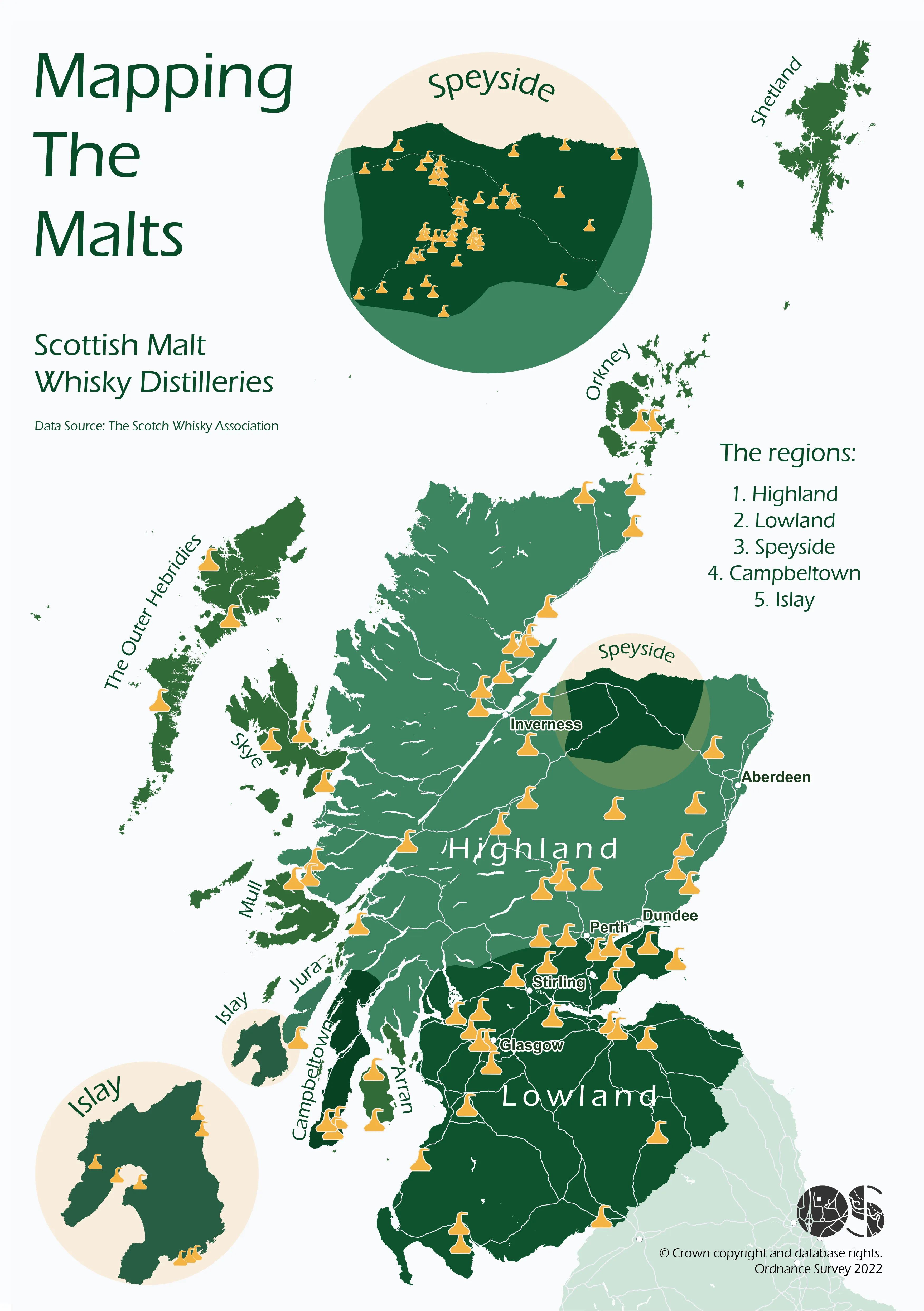 Map showing the locations of Scottish malt whisky distilleries