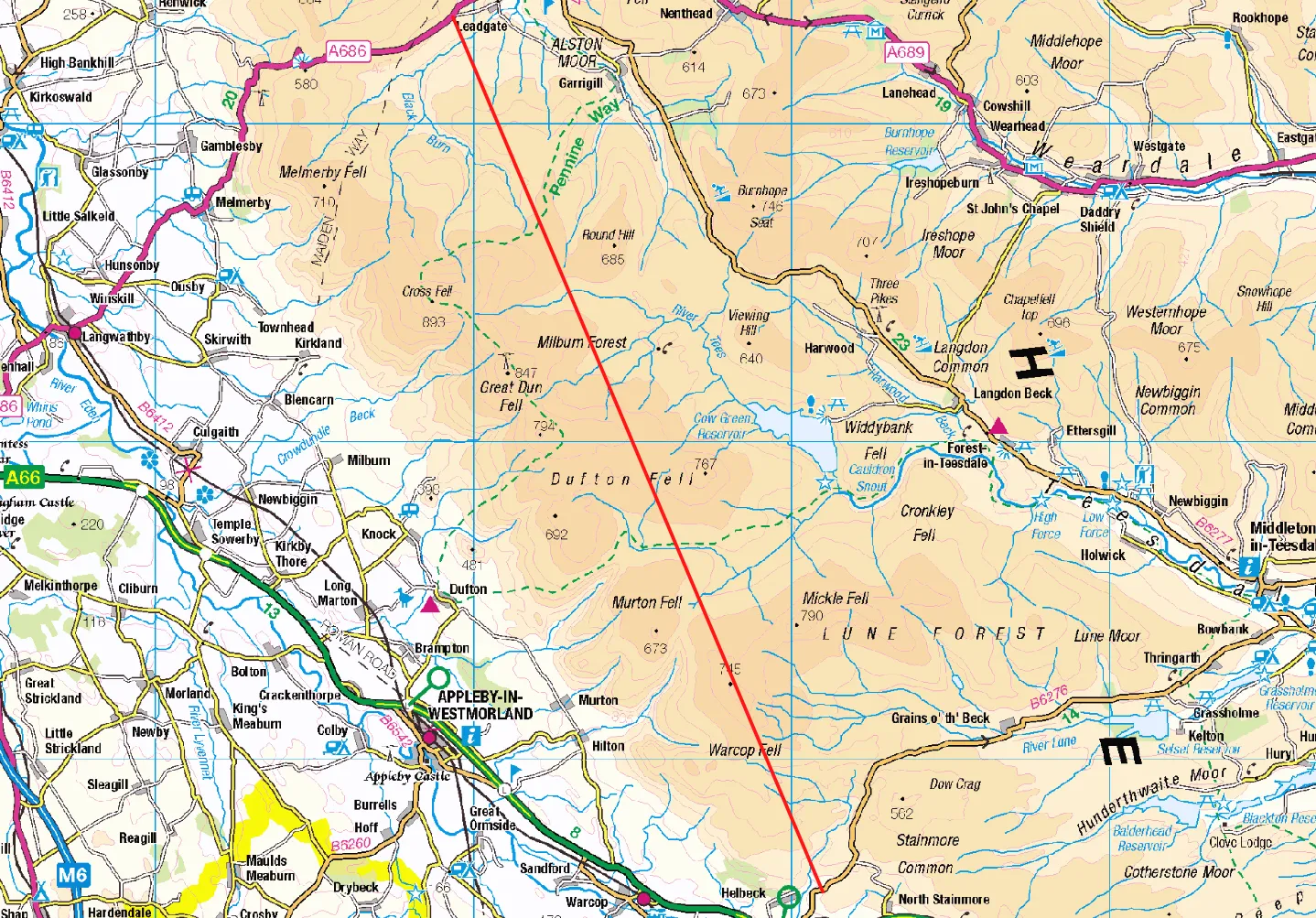 Location of the longest straight line in England that you can walk without crossing a road