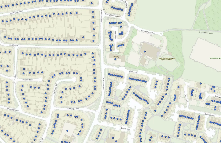 Screenshot of AddressBase Core, showing a residential area with addresses marked by blue dots