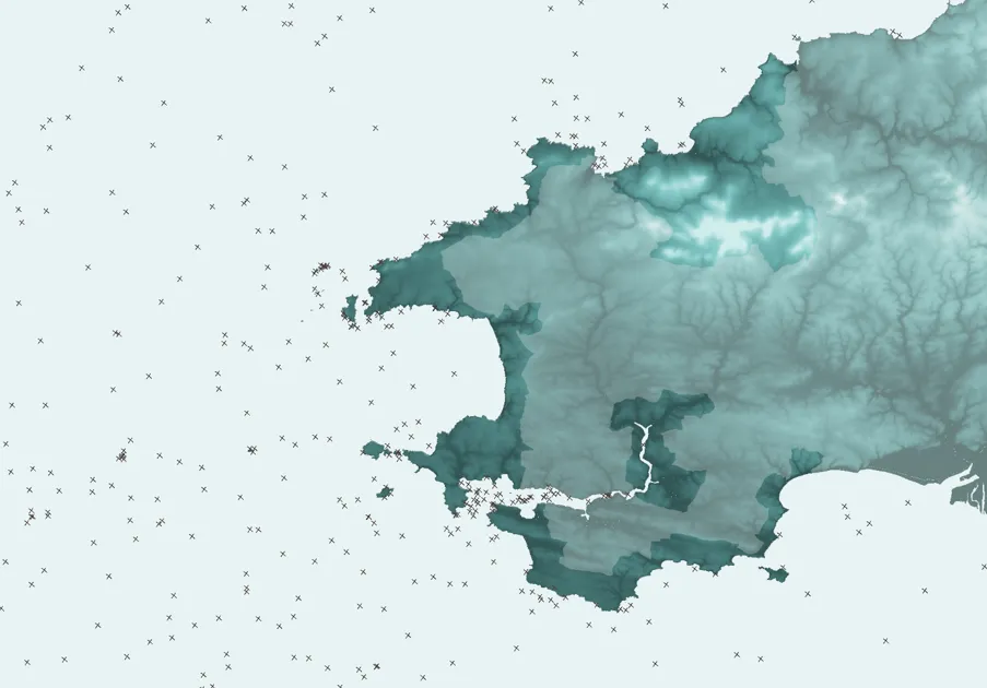 A map of Pembrokeshire used to pinpoint all the shipwrecks in the Celtic Sea with an 'X'.