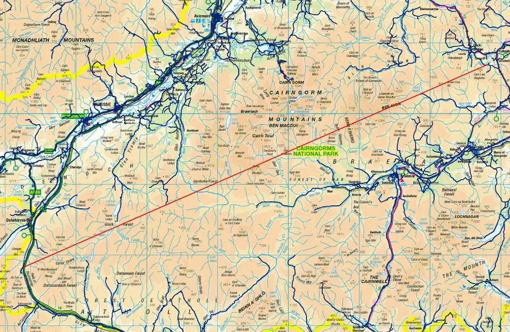 Location of the longest straight line in Scotland that you can walk without crossing a road