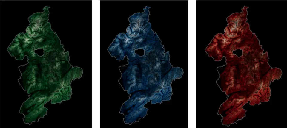 Side by side comparison of the map in green, blue, and the colour scheme used in the final visualisation, red.
