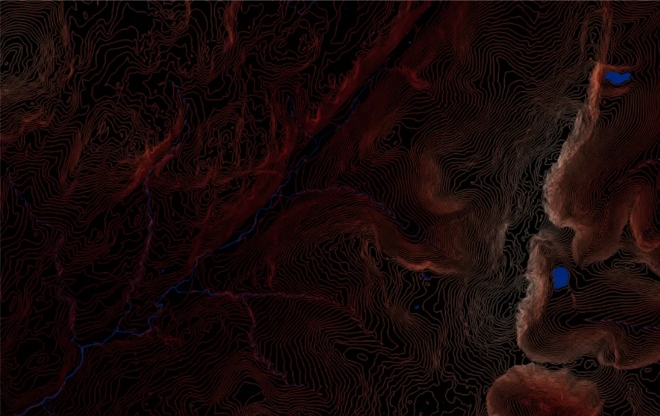 Example of rivers, valleys and lakes, in between the contours.