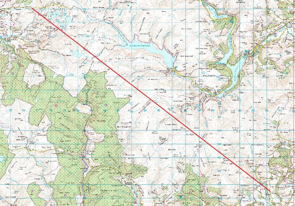 Location of the longest straight line in Wales that you can walk without crossing a road