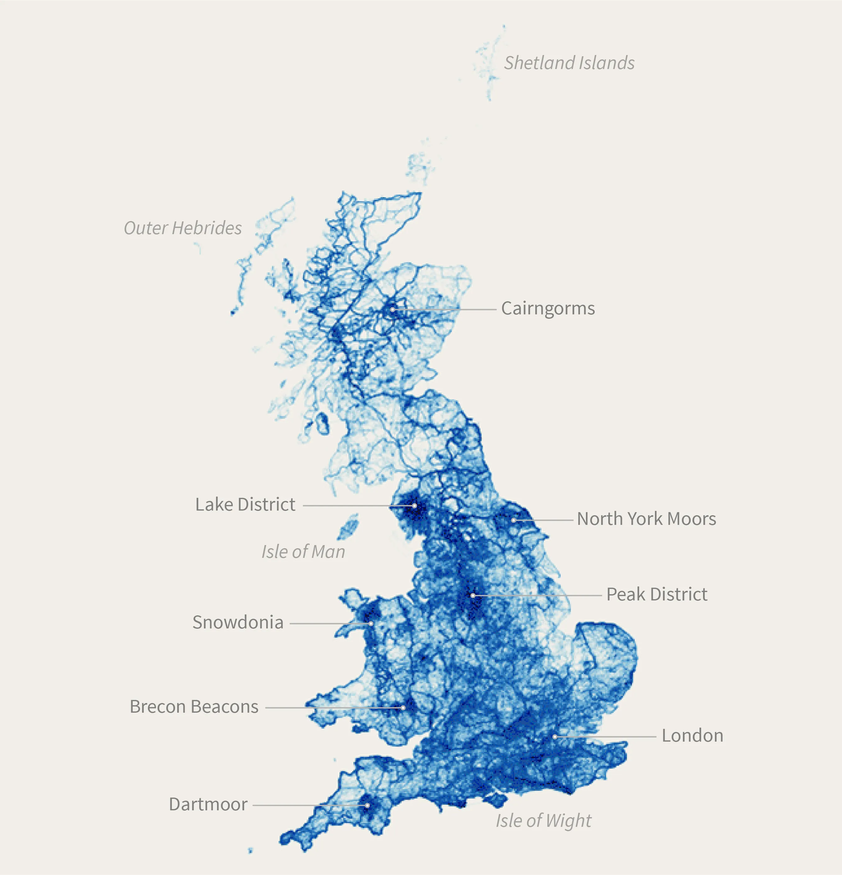 Map of Britain showing public routes created in the last 12 months.