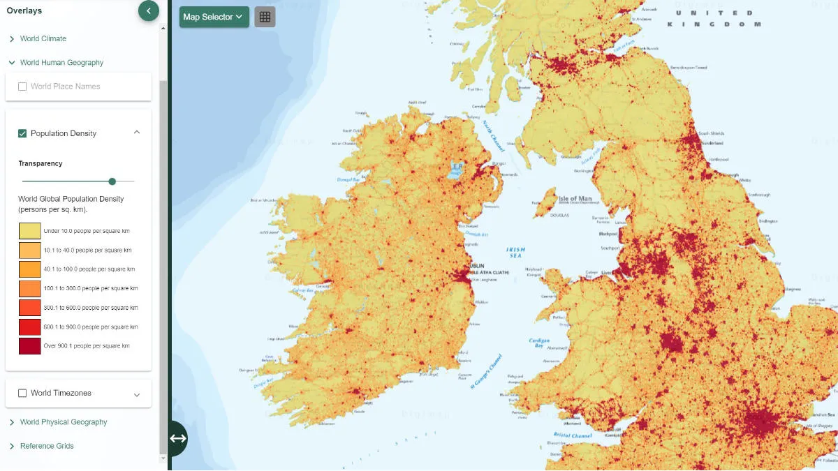 Screenshot of Digimap for Schools, Population Density overlay