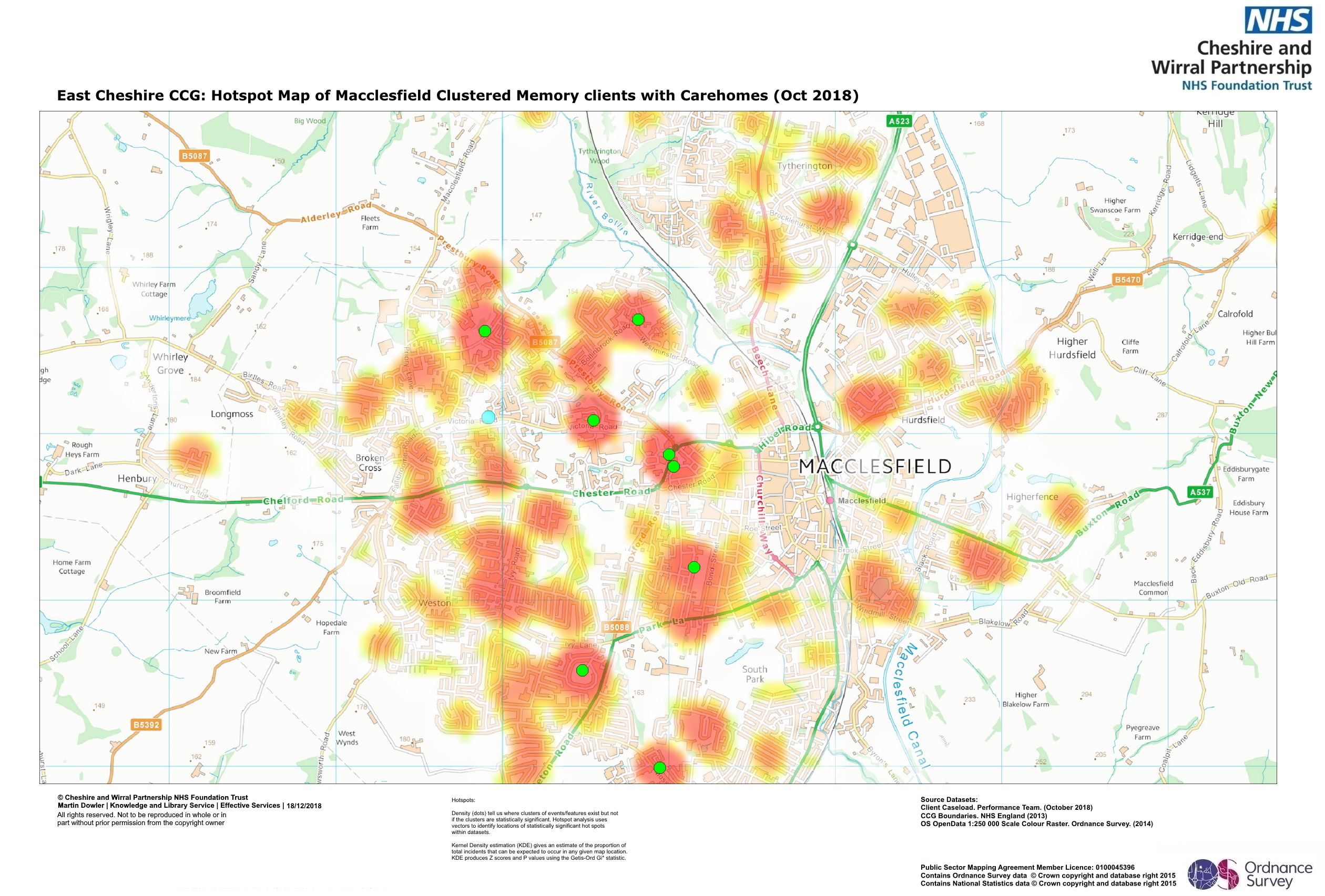 Map showing hotspots of Macclesfield clustered memory clients with care homes (October 2018)
