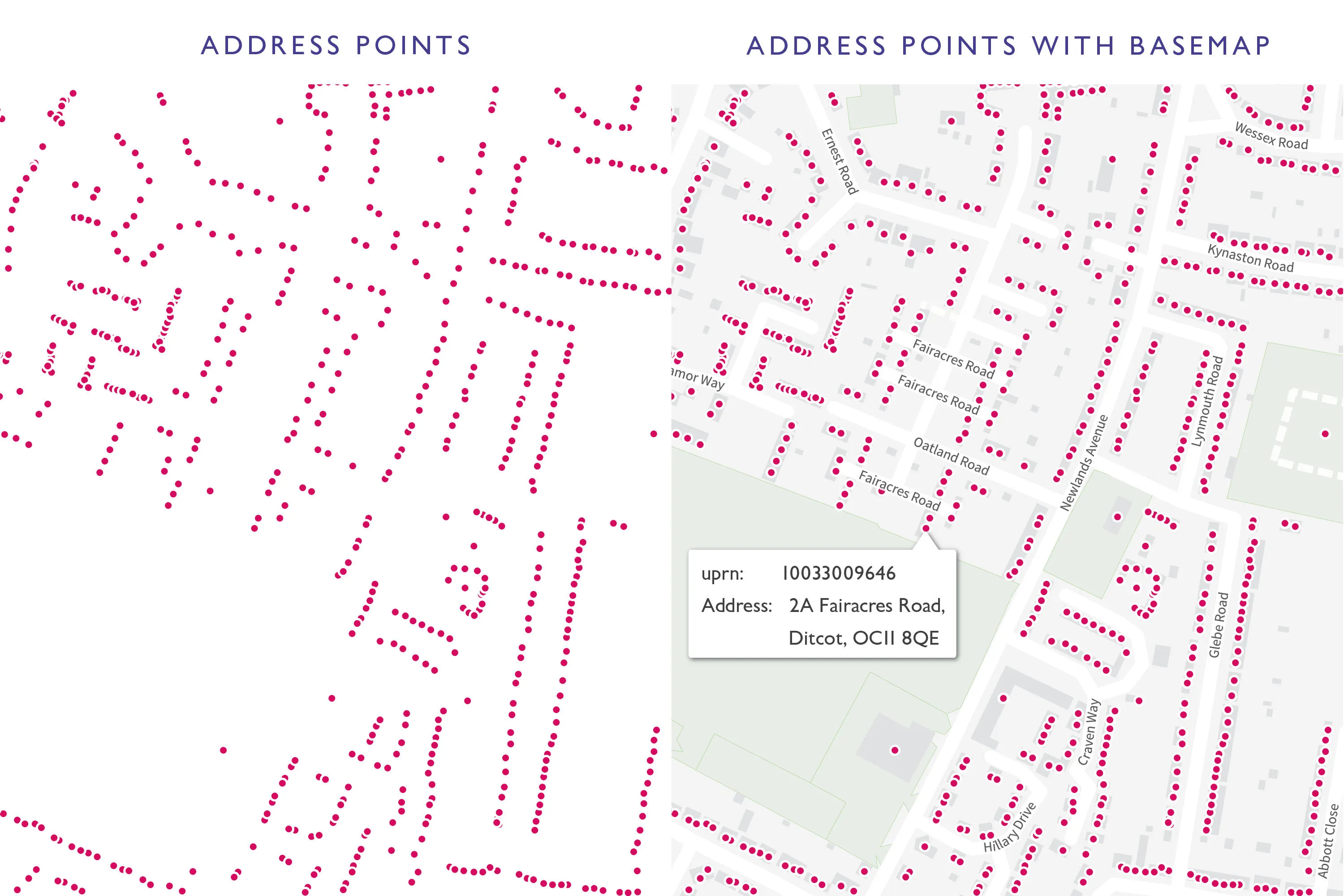 Address points without a map backdrop, compared against address points with a map backdrop