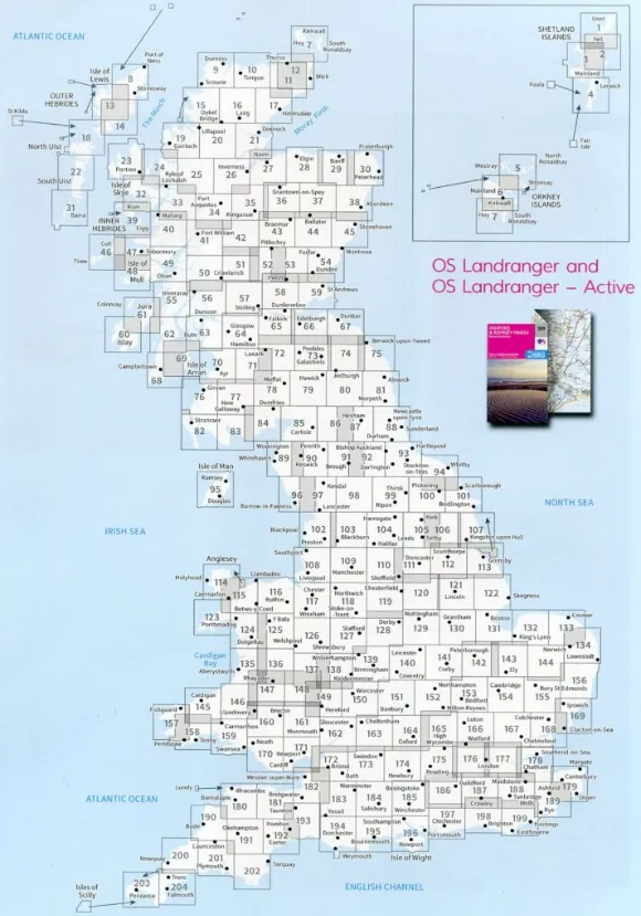 Map of Britain that shows the area each OS Landranger Map covers.